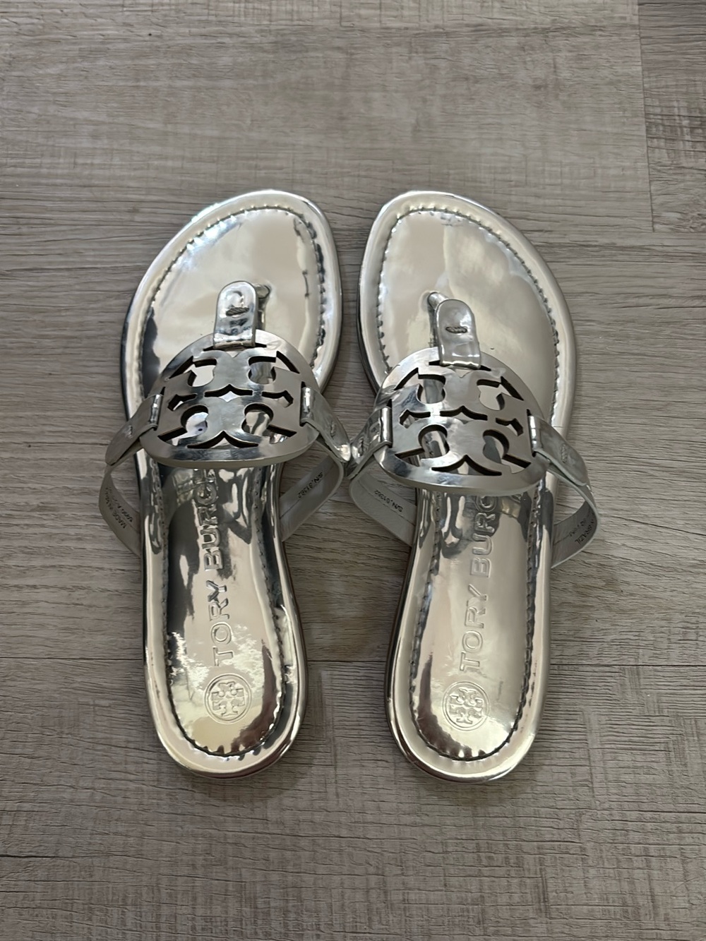 Tory Burch Silver Metallic Logo Thong Sandals